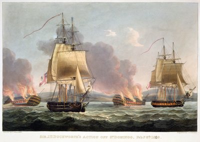 Azione di Sir J. T. Duckworth al largo di St. Domingo, 6 febbraio 1806, inciso da Thomas Sutherland per 